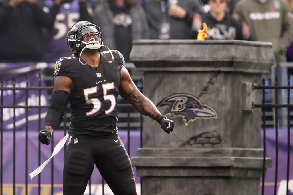 Baltimore Ravens outside linebacker Terrell Suggs (55) is introduced before an NFL football game against the Cincinnati Bengals, Sunday, Nov. 18, 2018, at M&T Bank Stadium in Baltimore.
Cincinnati Bengals At Baltimore Ravens 11 18 2018