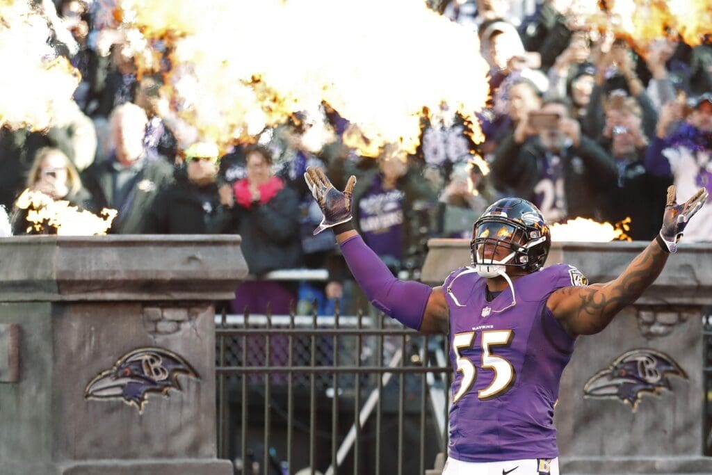 Jan 6, 2019; Baltimore, MD, USA; Baltimore Ravens outside linebacker Terrell Suggs (55) is introduced prior to the Ravens' game against the Los Angeles Chargers in a AFC Wild Card playoff football game at M&T Bank Stadium. The Chargers won 23-17.