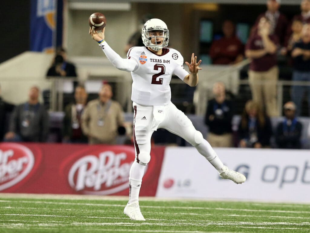 Jan 4, 2013; Arlington, TX, USA; Texas A&M Aggies quarterback Johnny Manziel (2) throws a pass against the Oklahoma Sooners during the Cotton Bowl at Cowboys Stadium.