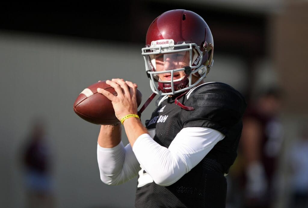 Aug 7, 2013; College Station, TX, USA; Texas A&M Aggies quarterback Johnny Manziel (2) practices at Coolidge Field.