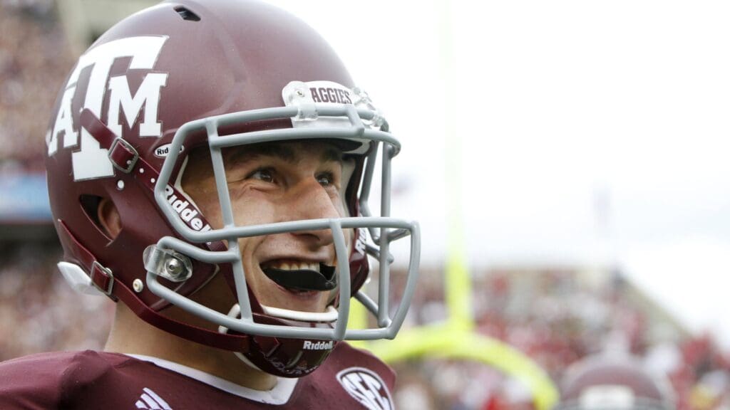 Sep 29, 2012; College Station, TX, USA; Texas A&M Aggies quarterback Johnny Manziel (2) shows emotion after a touchdown run against the Arkansas Razorbacks in the fourth quarter at Kyle Field. Texas A&M defeated Arkansas 58-10.