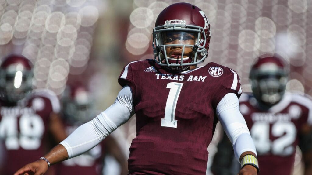 Sep 19, 2015; College Station, TX, USA; Texas A&M Aggies quarterback Kyler Murray (1) warms up before a game against the Nevada Wolf Pack at Kyle Field.