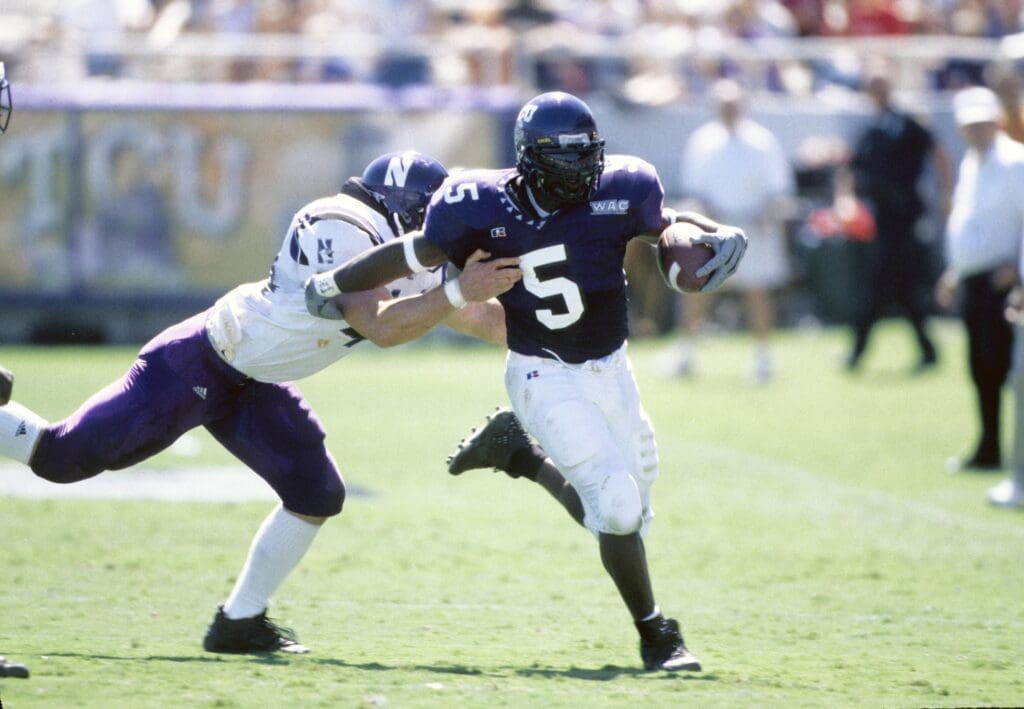Sep 16, 2000; Ft. Worth, TX,, USA; FILE PHOTO; Texas Christian Horned Frogs running back LaDainian Tomlinson (5) in action against the Northwestern Wildcats at Amon G. Carter Stadium.