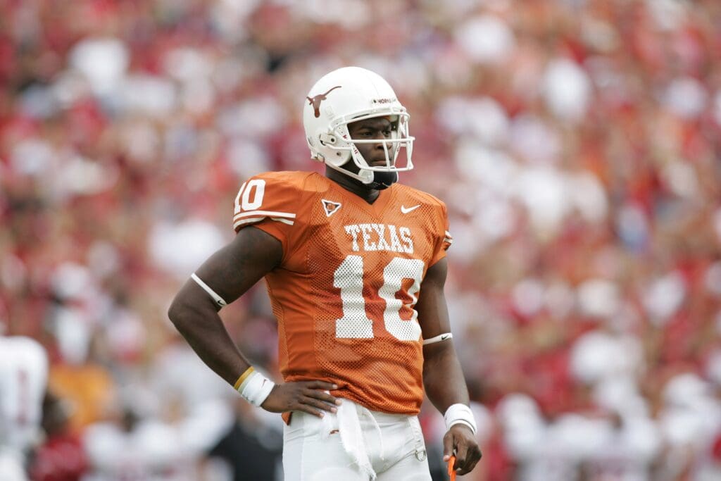 Caption:
Oct 8,2005; Dallas, TX, USA; Texas Longhorns quarterback Vince Young #10 against the Oklahoma Sooners during the 1st half at the Red River Shootout at the Cotton Bowl in Dallas Texas.