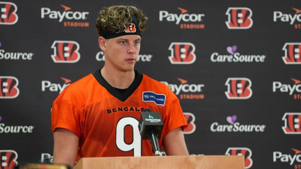 The Cincinnati Bengals Joe Burrow (9) speaks at a press conference after their practice on Tuesday May 20, 2025.

