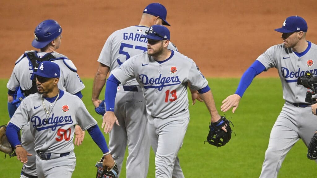 May 26, 2025; Cleveland, Ohio, USA; The Los Angeles Dodgers celebrate a win over the Cleveland Guardians at Progressive Field.
