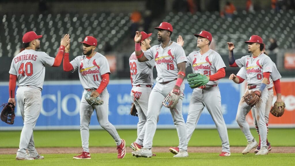 May 28, 2025; Baltimore, Maryland, USA; The St. Louis Cardinals celebrate the victory against the Baltimore Orioles after the ninth inning at Oriole Park at Camden Yards.