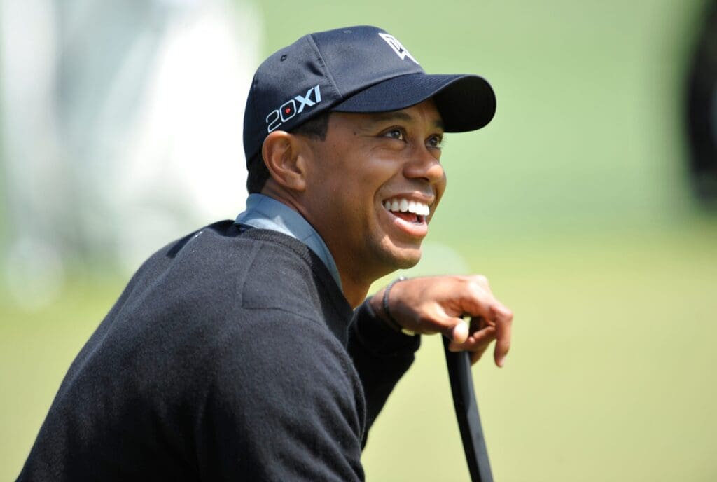 Four-time Masters winner Tiger Woods on the practice green at Augusta National on Tuesday, April 5, 2011.