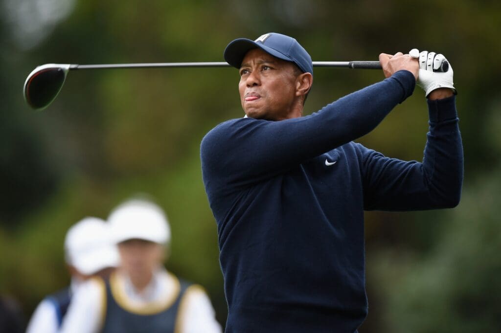 Oct 21, 2019; Chiba, JAPAN; Tiger Woods plays a tee shot on the 11th hole during The Challenge: Japan Skins golf competition at Accordia Golf Narashino Country Club.