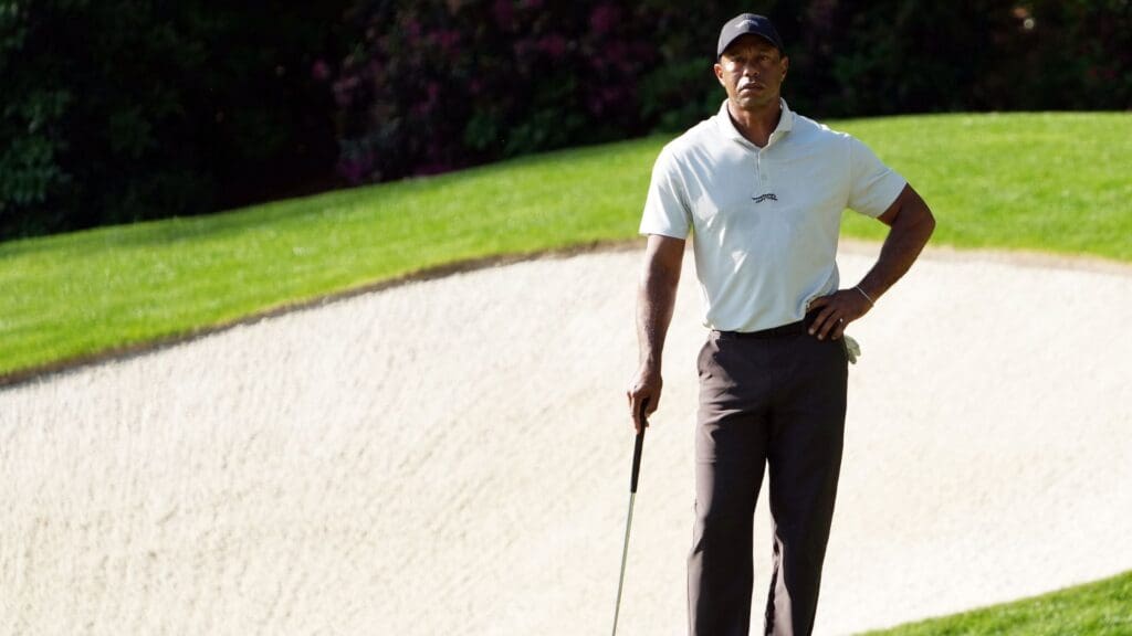 Apr 8, 2024; Augusta, Georgia, USA; Tiger Woods waits to putt on no. 13 during a practice round for the Masters Tournament golf tournament at Augusta National Golf Club.