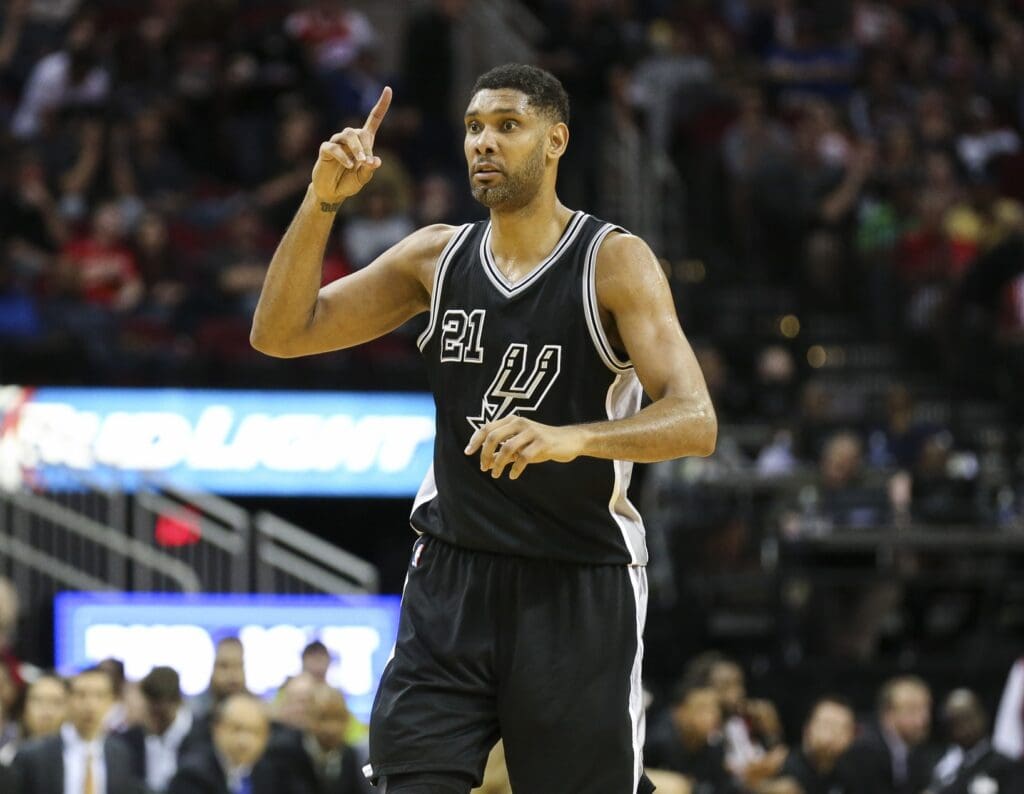 Feb 27, 2016; Houston, TX, USA; San Antonio Spurs center Tim Duncan (21) reacts after a play during the second quarter against the Houston Rockets at Toyota Center.