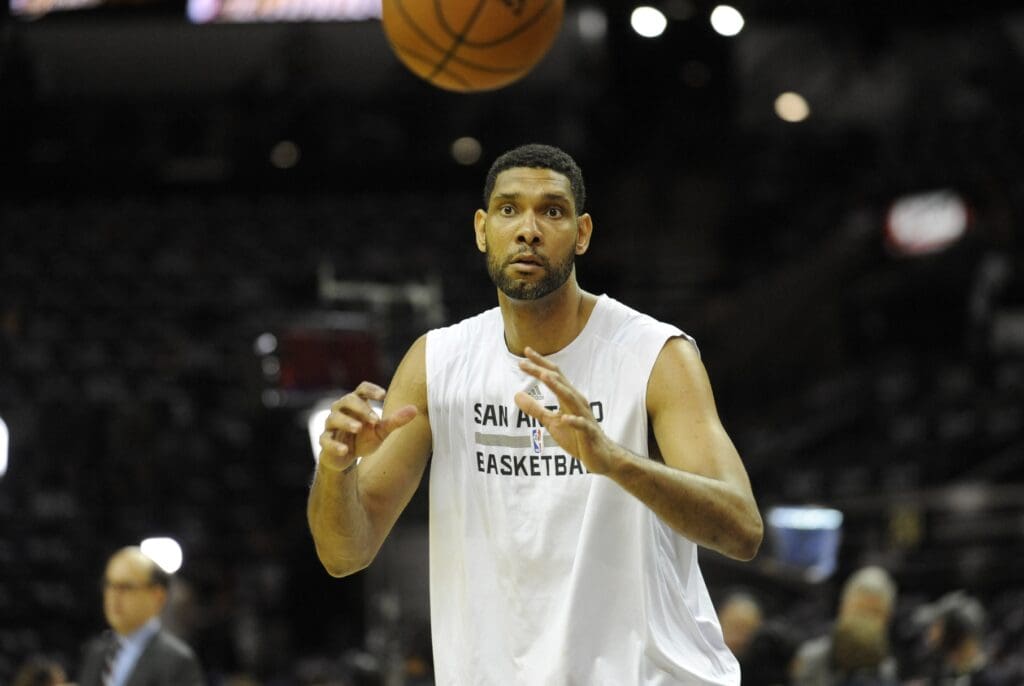 Jun 15, 2014; San Antonio, TX, USA; San Antonio Spurs forward Tim Duncan (21) works out prior to the game against the Miami Heat in game five of the 2014 NBA Finals at AT&T Center.