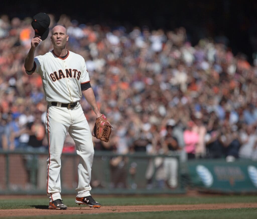 Oct 1, 2015; San Francisco, CA, USA; San Francisco Giants starting pitcher Tim Hudson (17) acknowledges fans after leaving the game in his final MLB career appearance during the third inning against the Los Angeles Dodgers at AT&T Park.