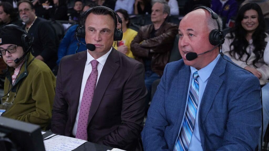 ESPN analyst Tim Legler (left) and play-by-play announcer Marc Kestecher during the game between the Los Angeles Lakers and the Oklahoma City Thunder at Crypto.com Arena.