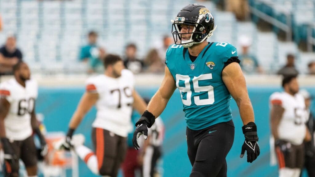 Aug 14, 2021; Jacksonville, FL, USA; Jacksonville Jaguars tight end Tim Tebow (85) walks on the field before the game against the Browns at TIAA Bank Field.