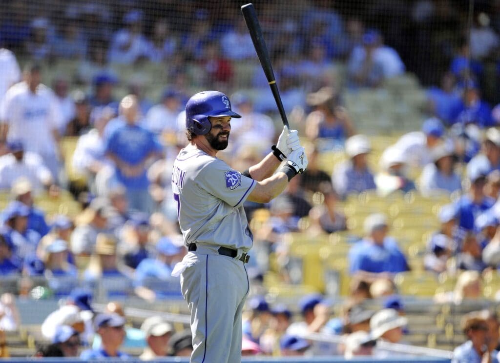 September 29, 2013; Los Angeles, CA, USA; Colorado Rockies first baseman Todd Helton (17) on deck before coming up to hit in the second inning against the Los Angeles Dodgers at Dodger Stadium.