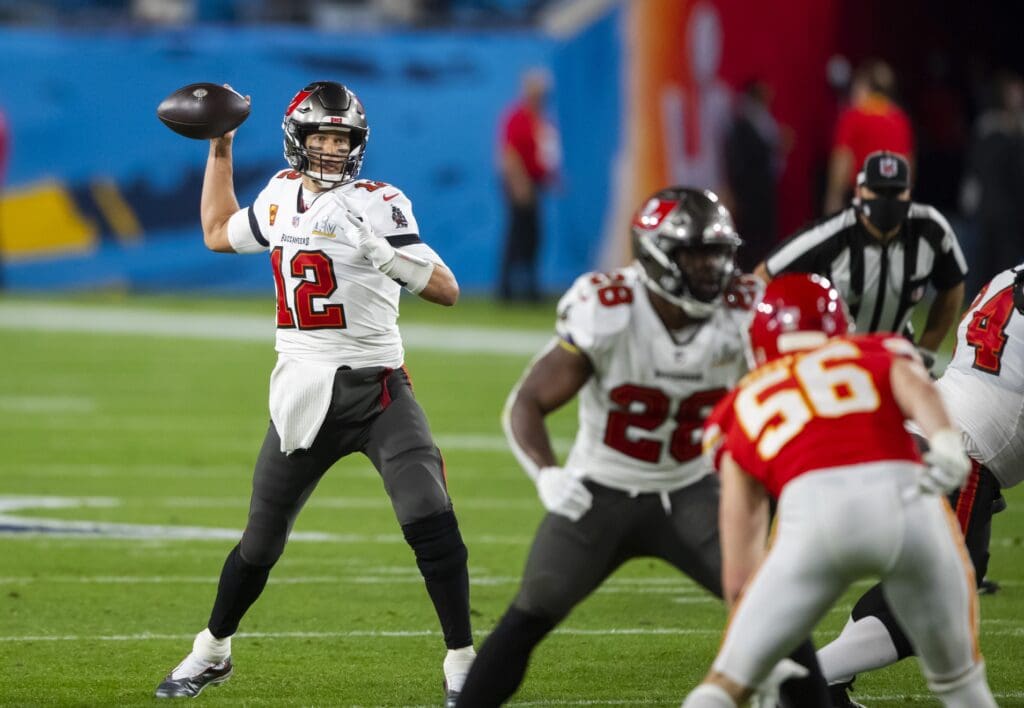 Feb 4, 2020; Tampa, FL, USA; Tampa Bay Buccaneers quarterback Tom Brady (12) against the Kansas City Chiefs in Super Bowl LV at Raymond James Stadium.