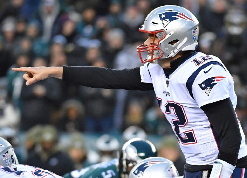 Nov 17, 2019; Philadelphia, PA, USA; New England Patriots quarterback Tom Brady (12) points to a defender against the Philadelphia Eagles at Lincoln Financial Field.