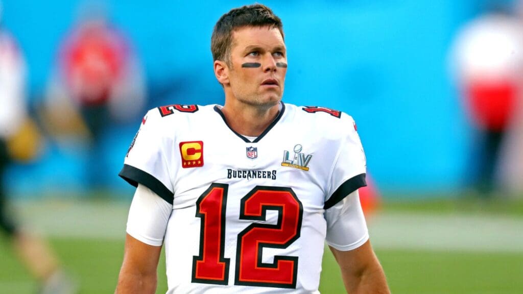 Feb 4, 2020; Tampa, FL, USA; Tampa Bay Buccaneers quarterback Tom Brady (12) warms up before playing the Kansas City Chiefs Super Bowl LV at Raymond James Stadium.