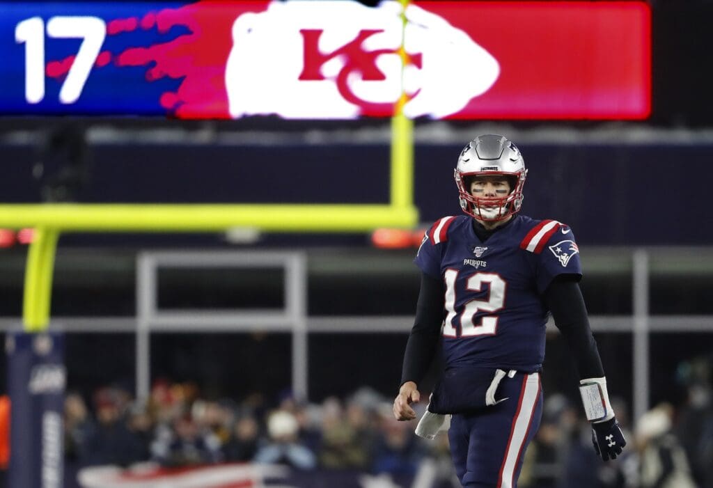 Dec 8, 2019; Foxborough, MA, USA; New England Patriots quarterback Tom Brady (12) walks off the field after not converting on a third down play during the second quarter against the Kansas City Chiefs at Gillette Stadium.