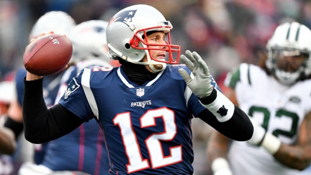 Dec 31, 2017; Foxborough, MA, USA; New England Patriots quarterback Tom Brady (12) looks to throw against the New York Jets during the first half at Gillette Stadium.