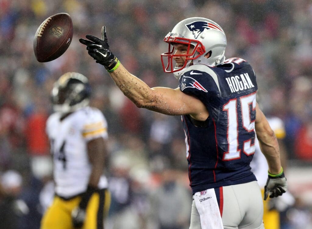 Jan 22, 2017; Foxborough, MA, USA; New England Patriots quarterback Tom Brady (12) reacts after a first down during the first quarter against the Pittsburgh Steelers in the 2017 AFC Championship Game at Gillette Stadium.