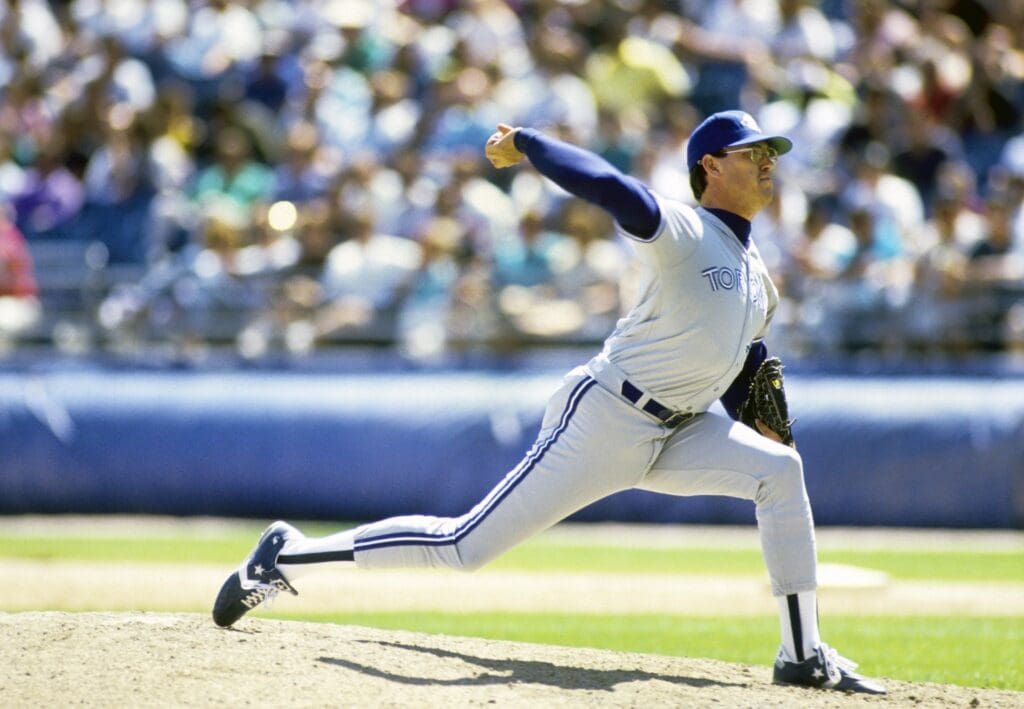 Jul 25, 1991; Chicago, IL, USA; FILE PHOTO; Toronto Blue Jays pitcher Tom Henke in action against the Chicago White Sox at Comiskey Park. Mandatory Credit: USA TODAY Sports