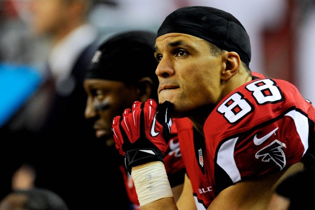 Dec 29, 2013; Atlanta, GA, USA; Atlanta Falcons tight end Tony Gonzalez (88) on the bench in the fourth quarter of the game against the Carolina Panthers during the second half at the Georgia Dome. The Panthers defeated the Falcons 21-20.