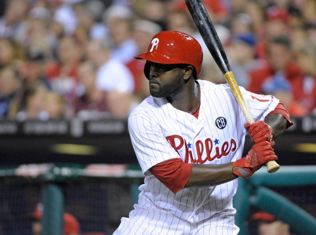 Apr 14, 2014; Philadelphia, PA, USA; Philadelphia Phillies center fielder Tony Gwynn (19) waits on deck against the Atlanta Braves at Citizens Bank Park. The Braves defeated the Phillies, 9-6.