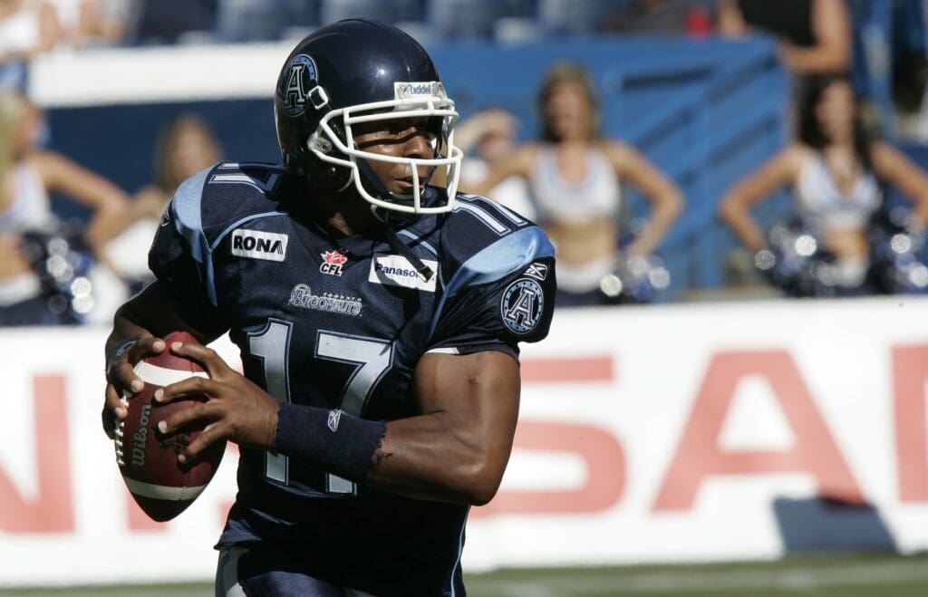 Sep 8, 2007; Toronto, ON, Canada; Toronto Argonauts quarterback Michael Bishop (17) rolls out against the Hamilton Tiger Cats at the Rogers Centre.