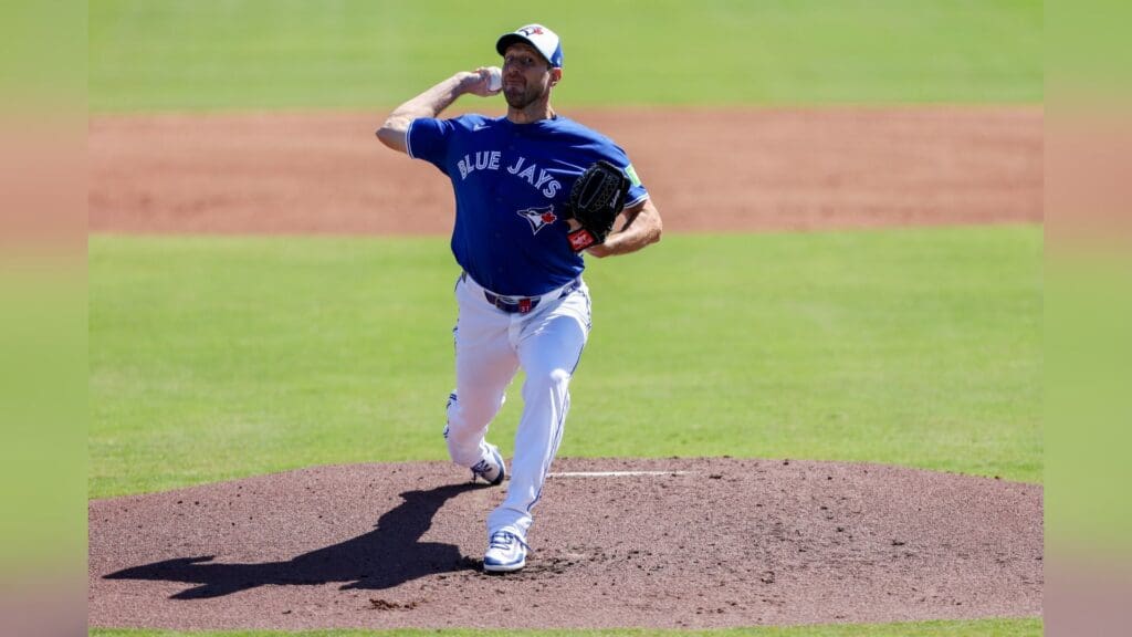 Toronto Blue Jays pitcher Max Scherzer (31) throws a pitch against the Philadelphia Phillies in the second inning during spring training at TD Ballpark.