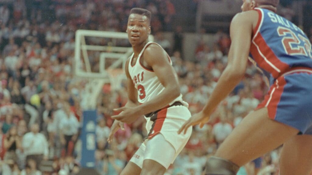 Trailblazers' Clifford Robinson being guarded by Pistons'' John Salley during game three of the 1990 NBA Finals at The Memorial Coliseum.
