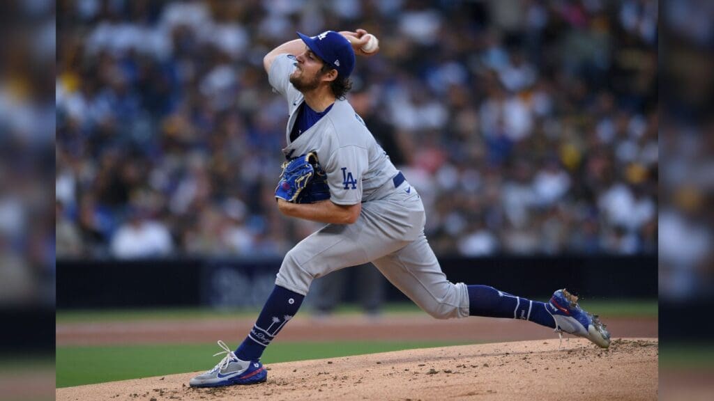 Jun 23, 2021; San Diego, California, USA; Los Angeles Dodgers starting pitcher Trevor Bauer (27) throws a pitch against the San Diego Padres during the first inning at Petco Park.