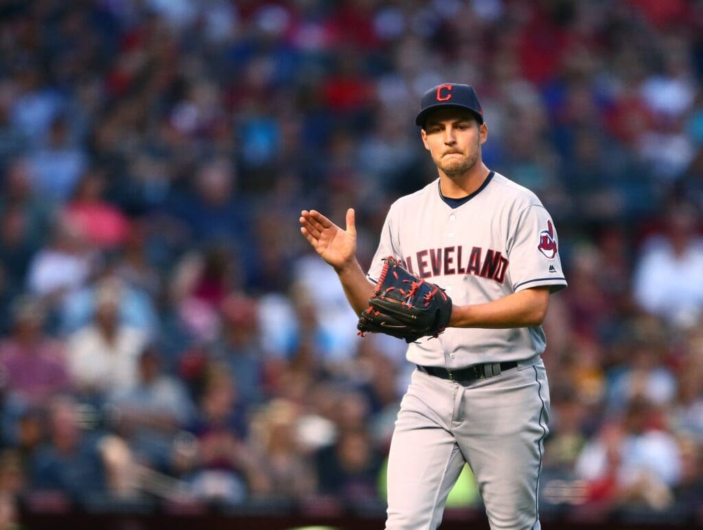 Apr 8, 2017; Phoenix, AZ, USA; Cleveland Indians pitcher Trevor Bauer reacts against the Arizona Diamondbacks at Chase Field.