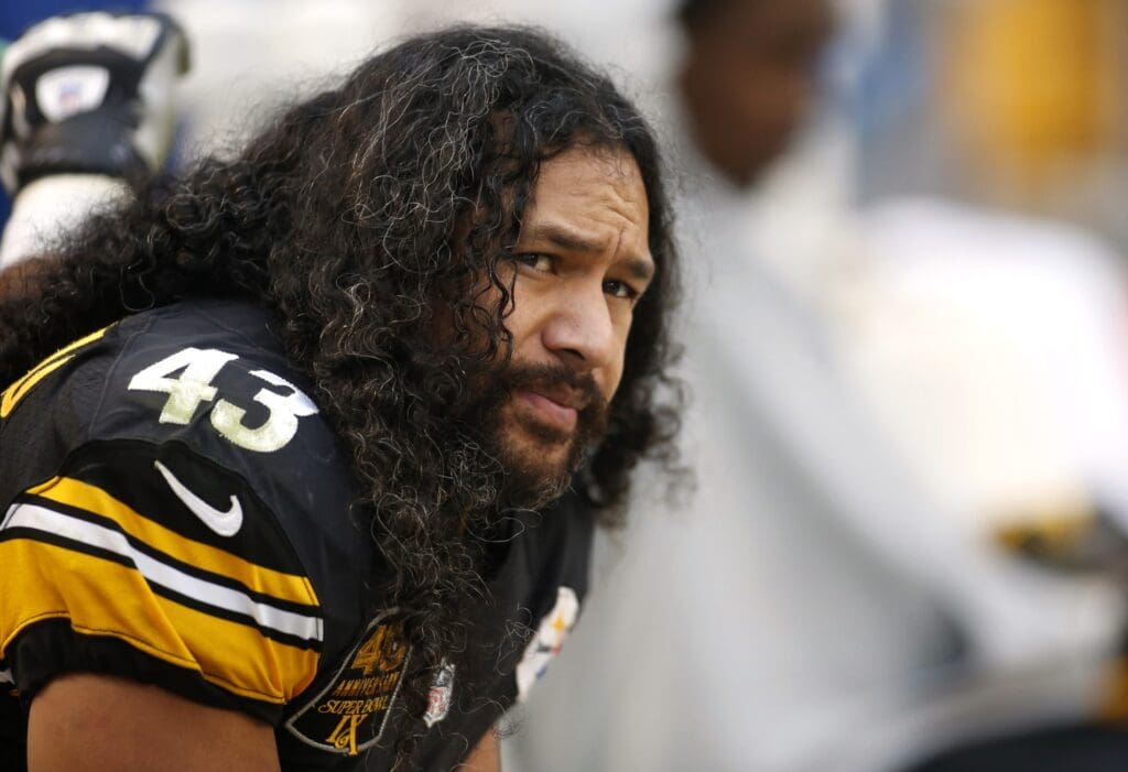 Nov 30, 2014; Pittsburgh, PA, USA; Pittsburgh Steelers strong safety Troy Polamalu (43) looks on from the sidelines against the New Orleans Saints during the third quarter at Heinz Field. The Saints won 35-32.
