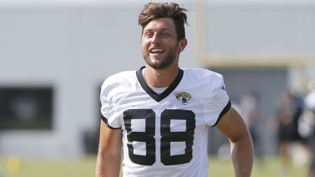 Aug 16, 2020; Jacksonville, Florida, United States; Jacksonville Jaguars tight end Tyler Eifert (88) runs down the field during training camp drills at the Dream Finders Homes training facility.