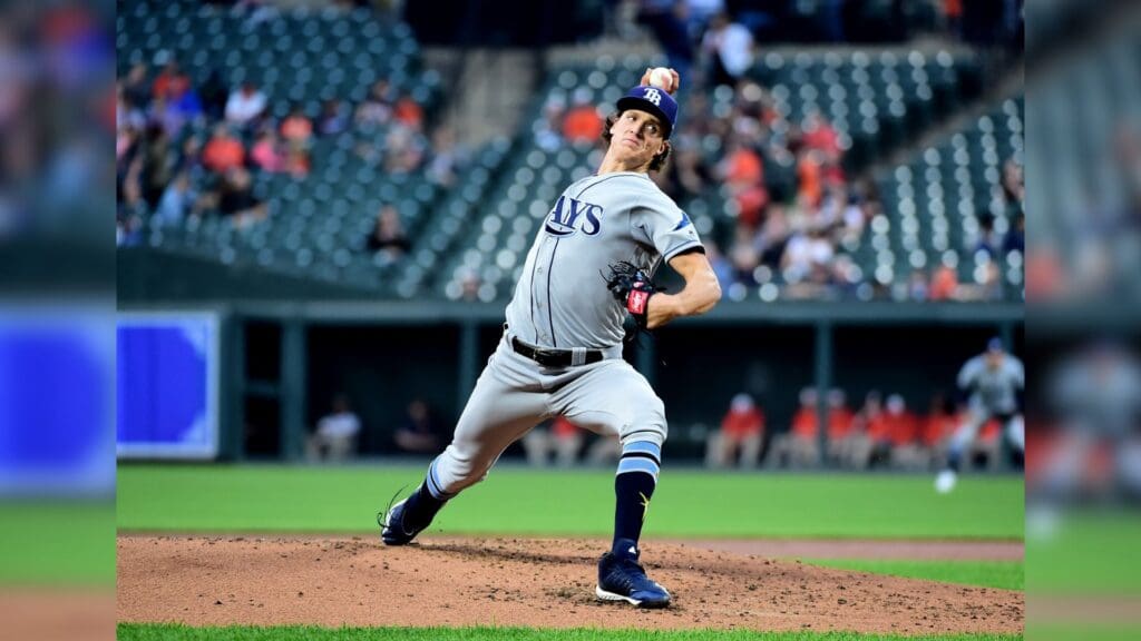 May 3, 2019; Baltimore, MD, USA; Tampa Bay Rays pitcher Tyler Glasnow (20) throws a pitch in the second inning against the Baltimore Orioles at Oriole Park at Camden Yards.