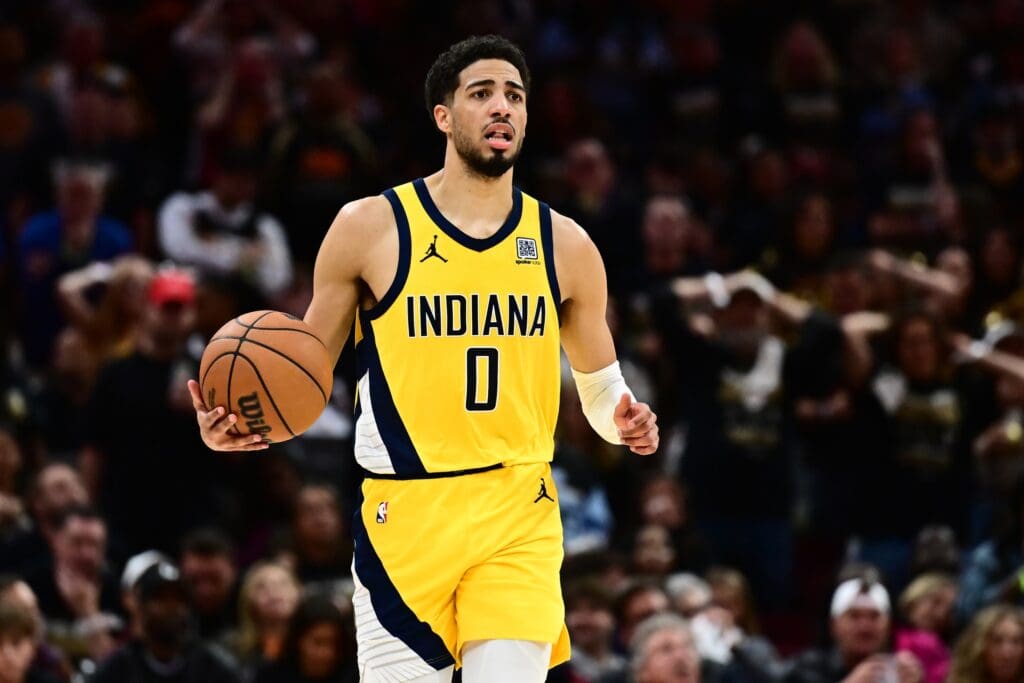 May 13, 2025; Cleveland, Ohio, USA; Indiana Pacers guard Tyrese Haliburton (0) brings the ball up court during the second half against the Cleveland Cavaliers in game five of the second round for the 2025 NBA Playoffs at Rocket Arena. Mandatory Credit: Ken Blaze-Imagn Images