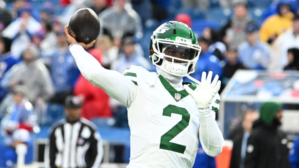 Dec 29, 2024; Orchard Park, New York, USA; New York Jets quarterback Tyrod Taylor (2) warms up before a game against the Buffalo Bills at Highmark Stadium.