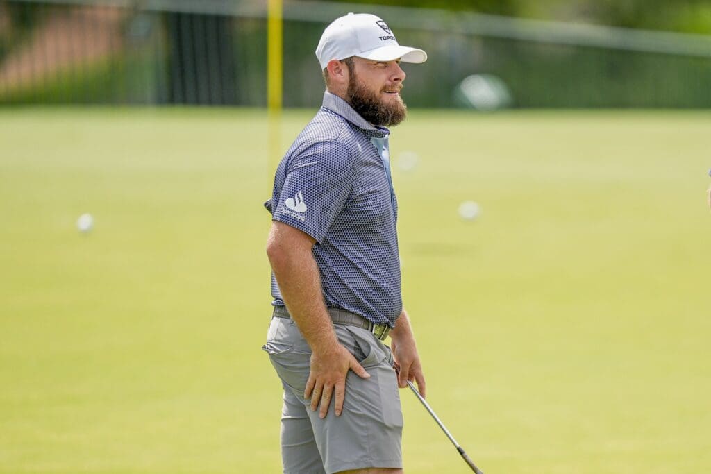 May 14, 2025; Charlotte, North Carolina, USA; Tyrrell Hatton on the putting green during a practice round for the PGA Championship golf tournament at Quail Hollow.