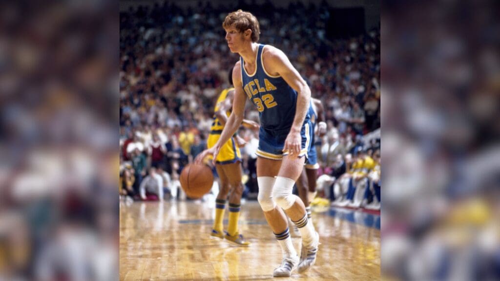Jan 1973; Unknown location, USA; FILE PHOTO; UCLA Bruins center (32) Bill Walton in action against Notre Dame.