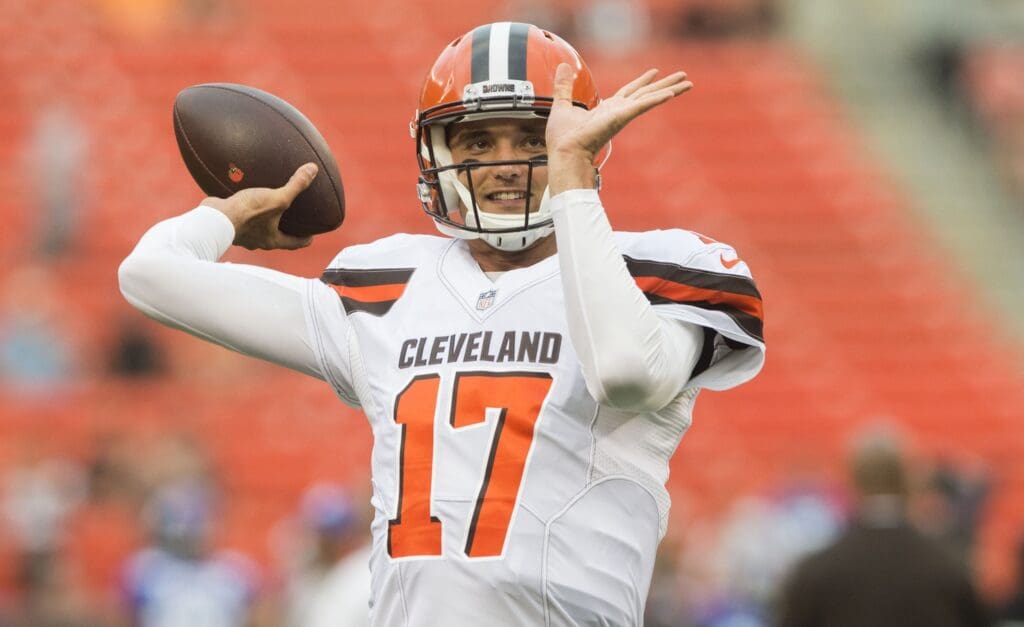 Aug 21, 2017; Cleveland, OH, USA; Cleveland Browns quarterback Brock Osweiler (17) warms up before a game against the New York Giants at FirstEnergy Stadium.