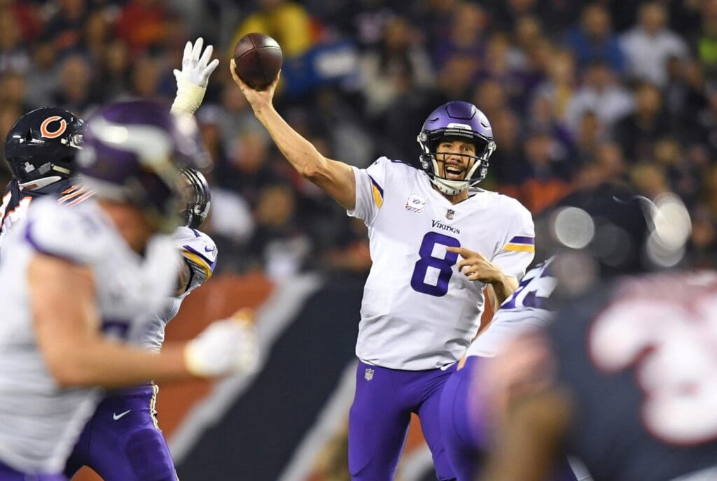 Oct 9, 2017; Chicago, IL, USA; Minnesota Vikings quarterback Sam Bradford (8) throws a pass against the Chicago Bears during the first half at Soldier Field.