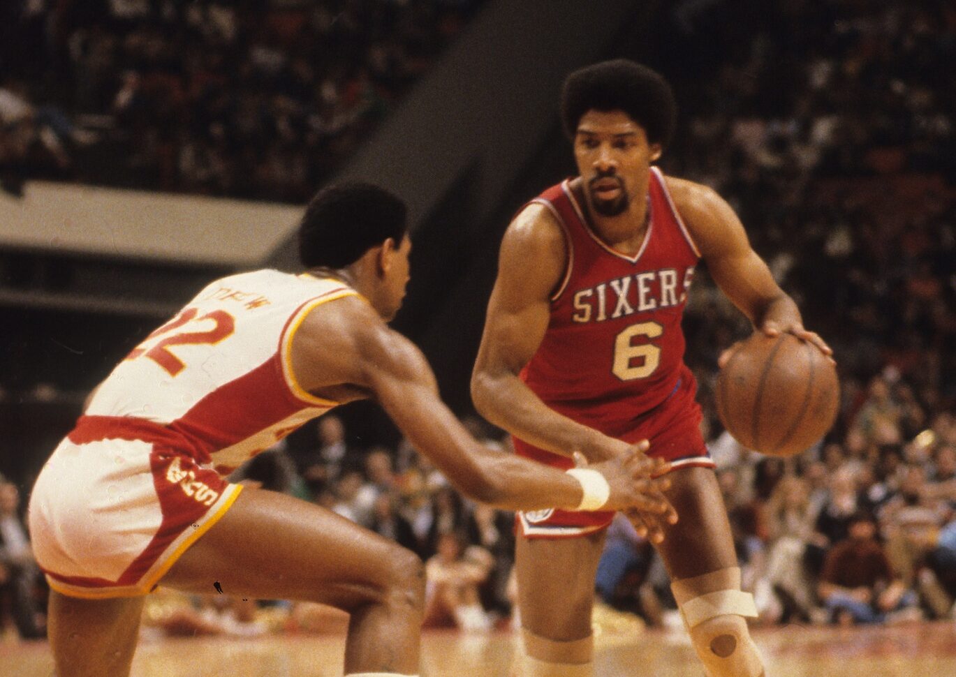 Unknown date and unknown location; USA; FILE PHOTO; Philadelphia 76ers forward Julius Erving (6) against the Atlanta Hawks. Mandatory Credit: Malcolm Emmons-USA TODAY Network.