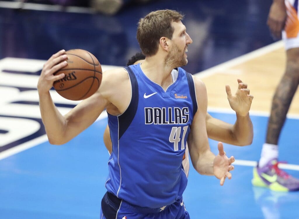 Apr 9, 2019; Dallas, TX, USA; Dallas Mavericks forward Dirk Nowitzki (41) looks to shoot during the game against the Phoenix Suns at American Airlines Center.