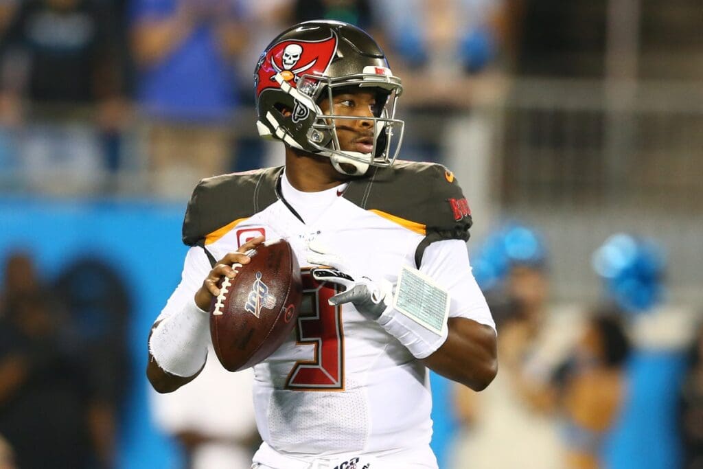 Sep 12, 2019; Charlotte, NC, USA; Tampa Bay Buccaneers quarterback Jameis Winston (3) drops back to pass against the Carolina Panthers during the second quarter at Bank of America Stadium.