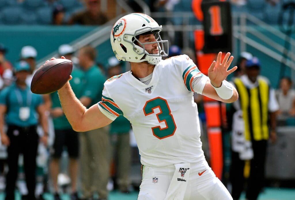 Sep 15, 2019; Miami Gardens, FL, USA; Miami Dolphins quarterback Josh Rosen (3) attempts a pass against the New England Patriots during the second half at Hard Rock Stadium