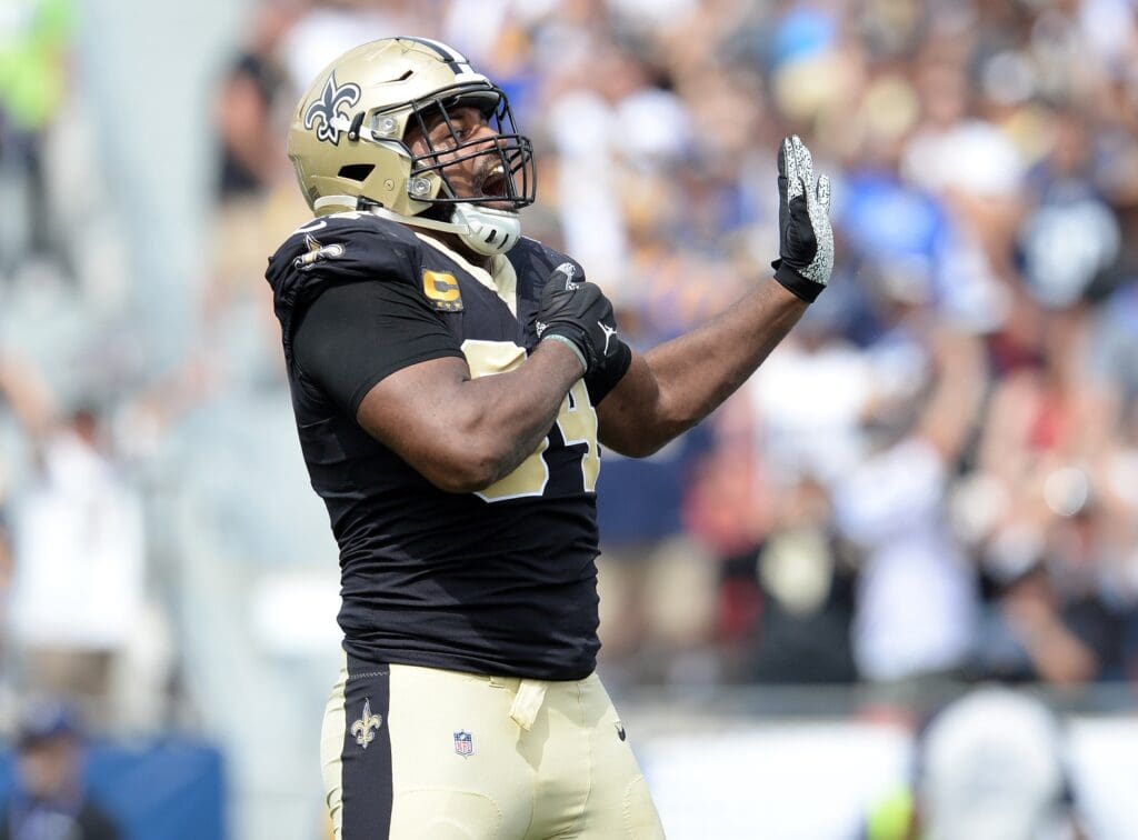 September 15, 2019; Los Angeles, CA, USA; New Orleans Saints defensive end Cameron Jordan (94) reacts after sacking Los Angeles Rams quarterback Jared Goff (16) during the first half at Los Angeles Memorial Coliseum