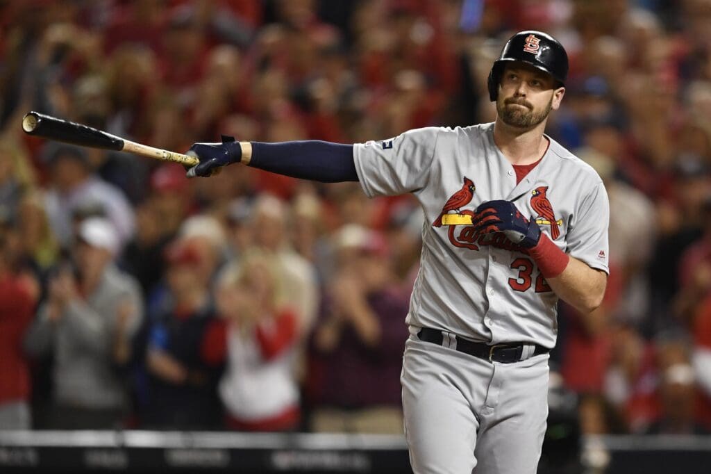 Oct 14, 2019; Washington, DC, USA; St. Louis Cardinals catcher Matt Wieters (32) reacts after striking out during the seventh inning in game three of the 2019 NLCS playoff baseball series against the Washington Nationals at Nationals Park.