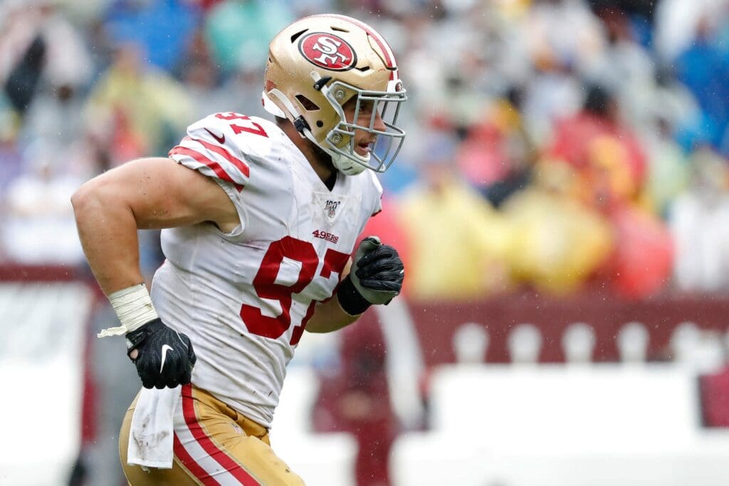 Oct 20, 2019; Landover, MD, USA; San Francisco 49ers defensive end Nick Bosa (97) runs onto the field against the Washington Redskins at FedExField.